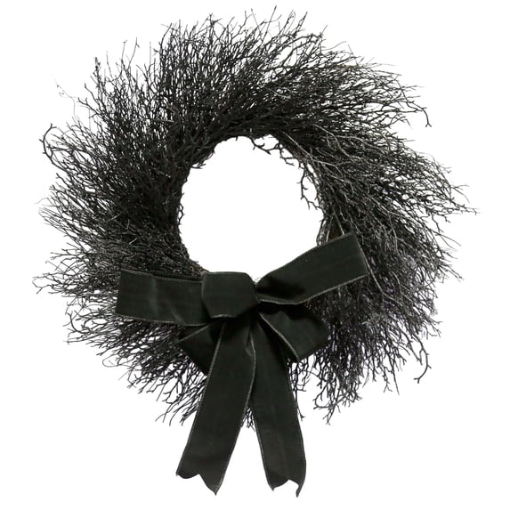 13.78" Black Twig Wreath with Black Velvet Bow, Gothic Halloween Door Wreath Decor for Indoor Outdoor Home