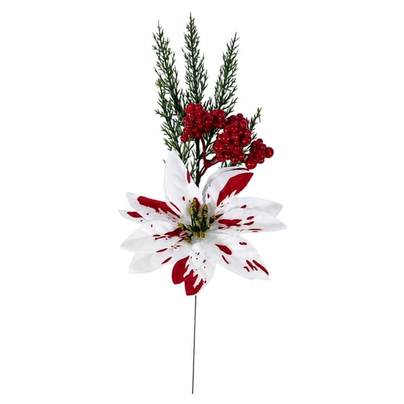 13.78" Christmas Floral Picks, Artificial Poinsettia Flowers DIY Picks with Faux Red Berries and Pine Stem Holly Leaves for Christmas Tree Vase Filler Decoration Holiday Party Supplies, 1Pc
