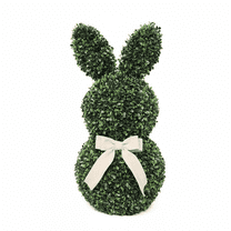 13.78" Easter Bunny Boxwood Topiary - Faux Greenery & Linen Bow, Festive Spring Tabletop Yard Ornament, Seasonal Decor for Easter Home & Indoor/Outdoor Displays