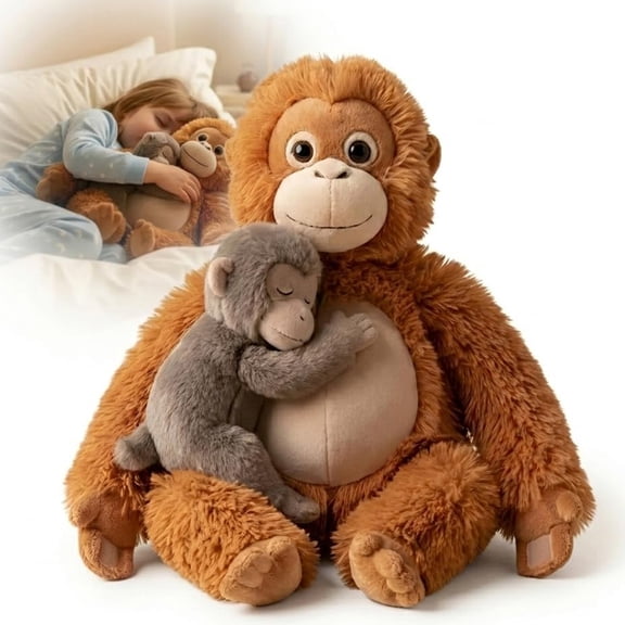 13.78" Fluffy Orangutan Plush, Mama Punch Monkey Stuffed Toy with Little Punch for Collection & Home Ornament