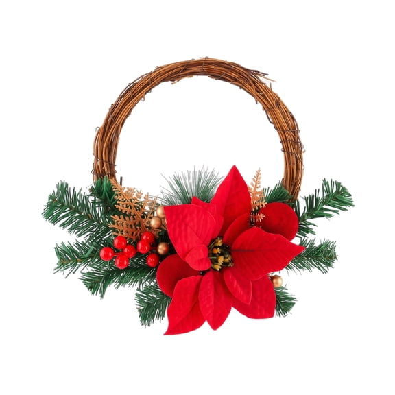 13.78" Half Moon Christmas Wreath with Red Poinsettia and Gold Baubles, Twig Vine Base Holiday Door Wall Decor