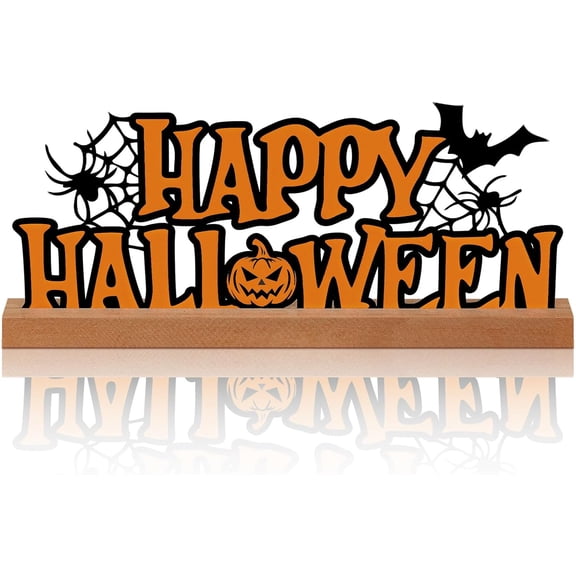 13.78 Inch Happy Halloween Sign Metal Halloween Decorations for Home Letter Tabletop Decoration with Wooden Base Cutout Word Table Centerpiece for Home Tiered Tray Centerpiece Mantel Shelf
