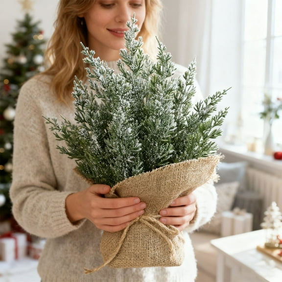 13.78 Inch Table Top Christmas Tree with Burlap Base, Mini Artificial Christmas Tree,Traditional Green Holiday Decorations for Home Indoor Bedroom Kitchen Living Room Farmhouse Fireplace Office Desk