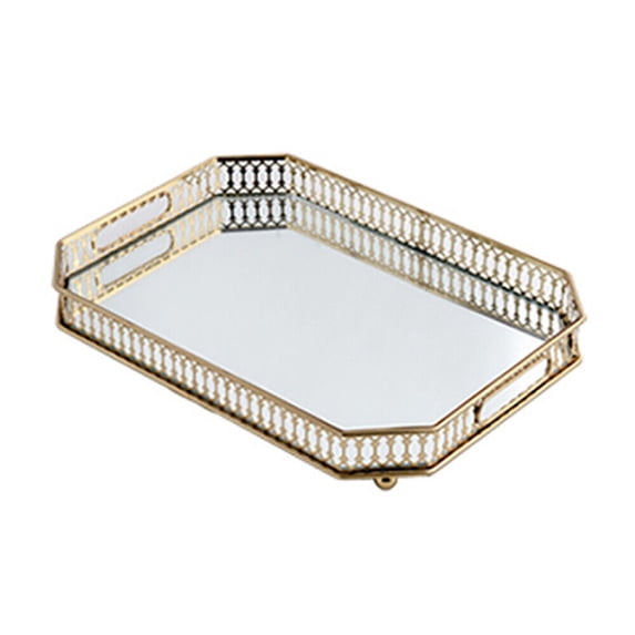 13.78" Vintage Glass Metal Trays Mirror Vanity Perfume Organizer Dresser Bathroom Octagon Tray Home