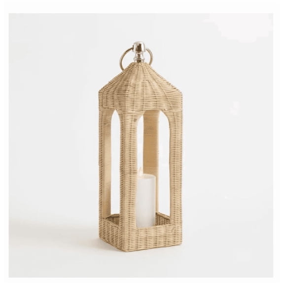 13.78" Woven Rattan Arch Lantern - Decorative Natural Wicker Candle Holder with Silver Hanging Ring - Perfect New Home & Wedding Gift