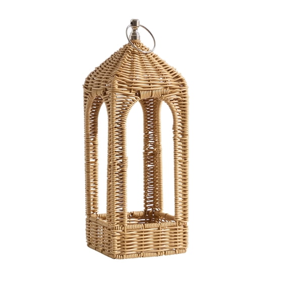 13.78" Woven Rattan Arch Lantern - Decorative Natural Wicker Candle Holder with Silver Hanging Ring - Perfect New Home & Wedding Gift