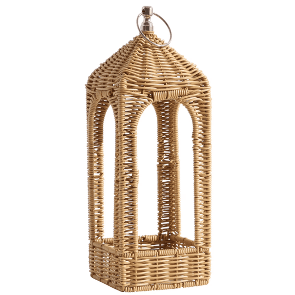 13.78" Woven Rattan Arch Lantern - Decorative Natural Wicker Candle Holder with Silver Hanging Ring - Perfect New Home & Wedding Gift