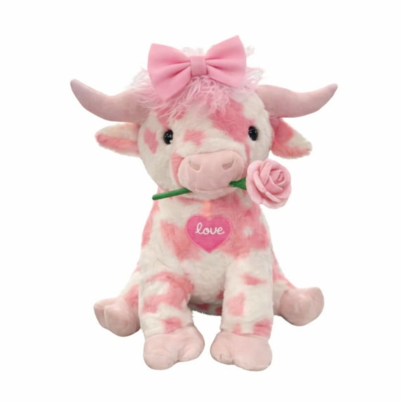 13.78In Pink Plush Cow Toys Soft Doll - Adorned with Big Pink Bowknot, Rose & Love Heart Accents & Birthday Gift & Holiday Gift