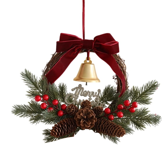 13.78Inch Farmhouse Christmas Wreath with Bells and Red Berries,Rustic Vintage Wreath for Front Door Indoor Outdoor Decor,Handmade Style Holiday Wreath for Cabinet,Window,Wall,Porch,Mantel Decoration