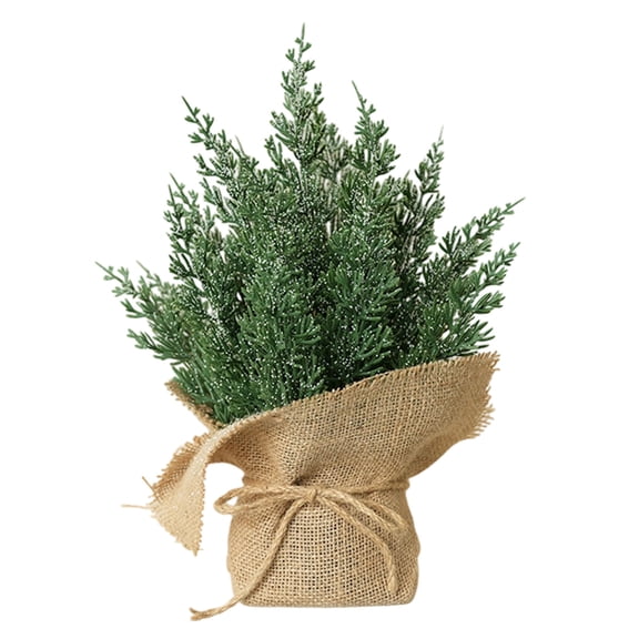 13.78Inch Tabletop Mini Christmas Tree, Artificial Snowy Pine Branches with Decorative Burlap Base, Green Tower Xmas Decor for Home, Dining Table, Kitchen Desk & Holiday Centerpiece