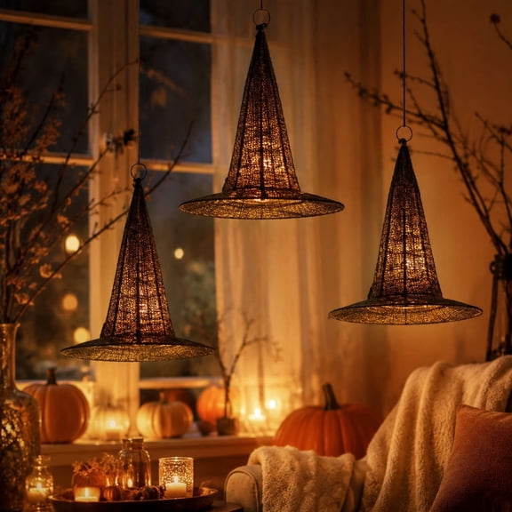 13.7Inch Halloween Lighted Hanging Witches Hats, Black Hollow Mesh Magic Witch Hat Light, Hanging Glowing Lamp For Front Window Tree Party Decor (2PC)
