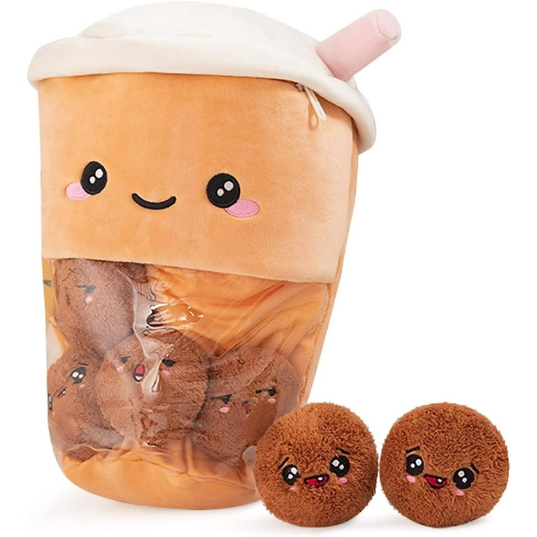 REFAHB 13.7in Squishy Bubble Tea Plush Pillow Toy Removable Stuffed 6pcs Cute Boba Plushies Food Hugging Cup Creative Gifts for Kids Girls Boys Brown