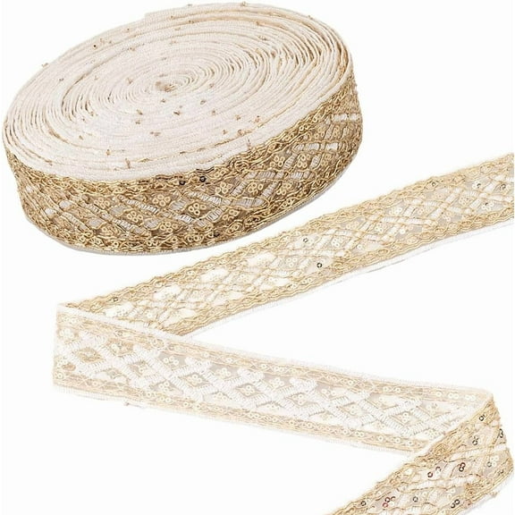 13.7m Metallic Venice Flower Lace Ribbon 4cm Gold Sequins Lace Mesh Trim Vintage Crochet Applique Sewing Craft Supplies Embroidery Edge Trimming