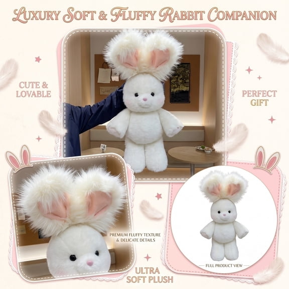 13.8*9.8 In Fluffy Angora Rabbit Stuffed Animal, Running Rabbit Design Soft White Big Pink Ear Bunny Plush Doll Cute Blush Face Sleeping Toy Gift for Kids Girls Easter