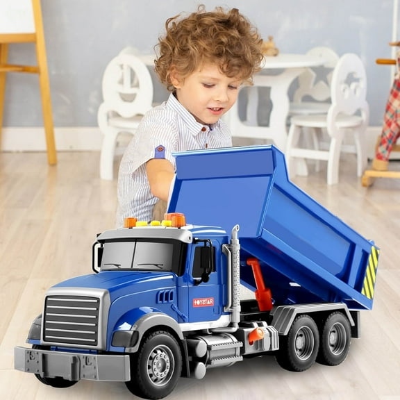13.8" Big Dump Truck Toy With Lights & Sounds - Interactive Construction Vehicle for Boys Ages 3-5, Friction-powered Kids Toy With Realistic Effects , Perfect Christmas & Birthday Gift