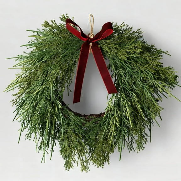 13.8" Christmas Artificial Cedar Wreath with Burgundy Velvet Bow, Green Christmas Draping Oval Cedar Wreath for Home Decor, Front Door, Wall & Windows Christmas Decorations Indoor & Outdoor