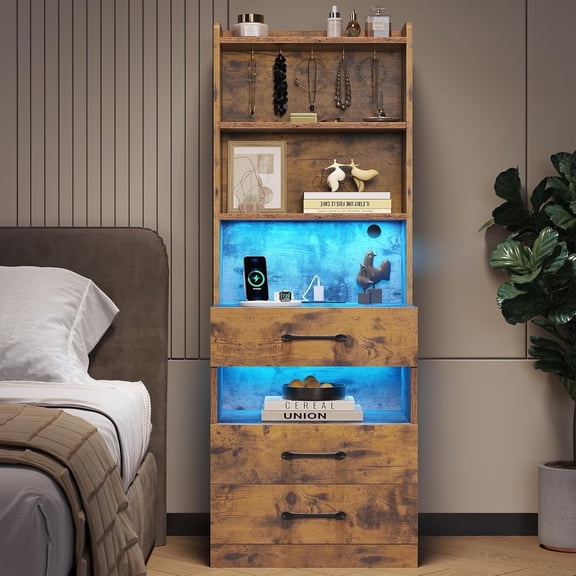 AOGLLATI 51.8in Tall Nightstand with Charging Station, LED Lights, Bookshelf, 3 Drawers, Bedside Table