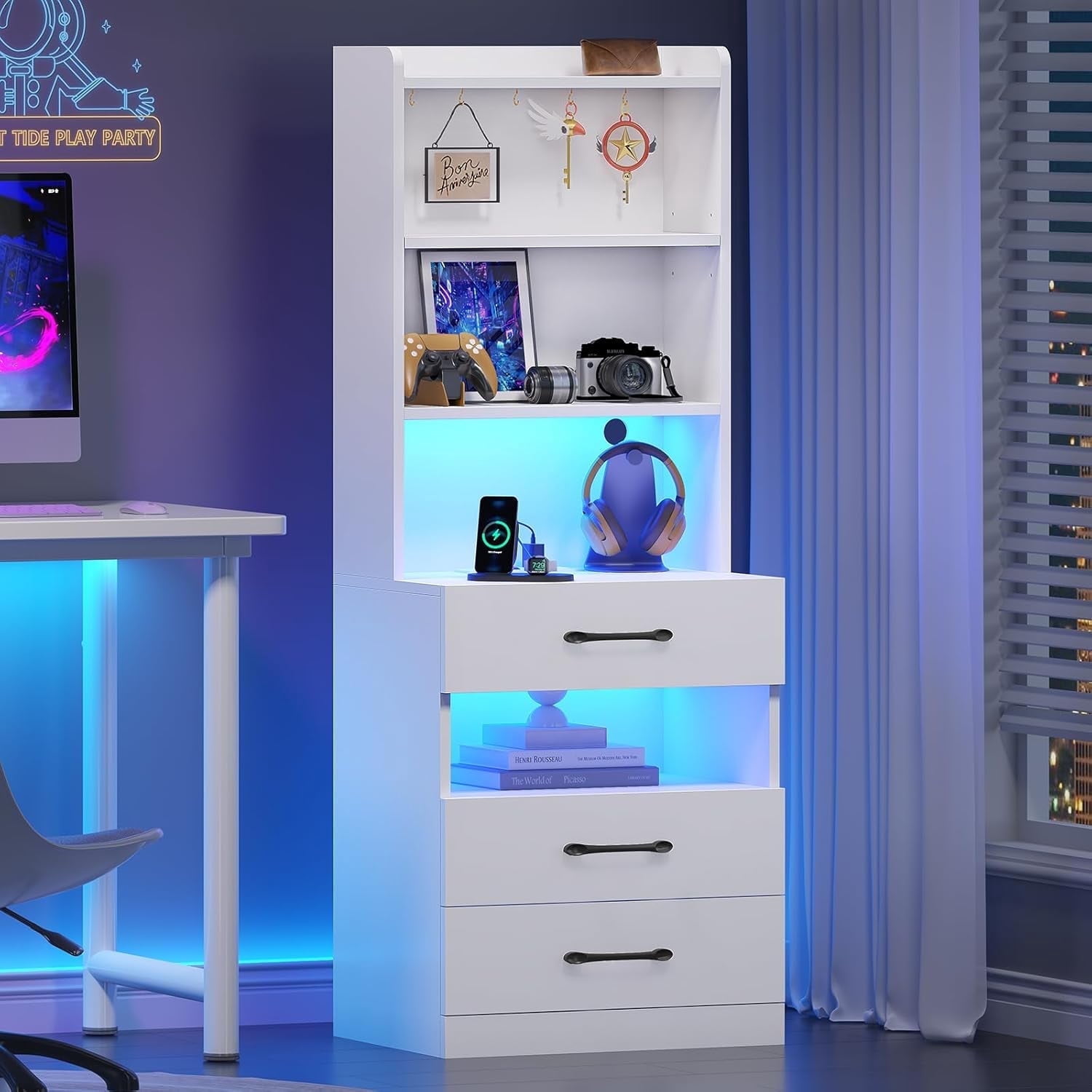 DXYKOPA Tall Nightstand with Charging Station Bookshelf Nightstand with