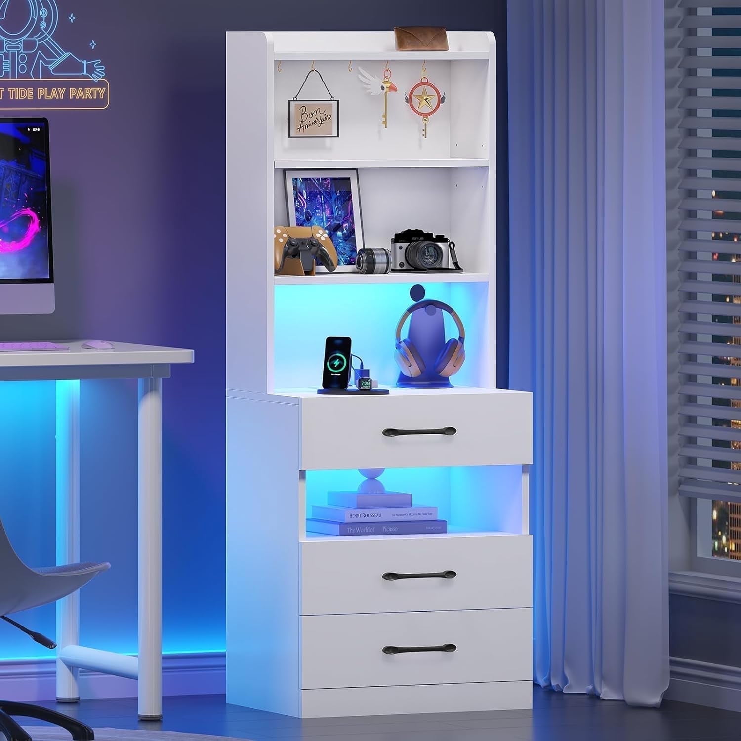 AOGLLATI Tall Modern Nightstand with Charging Station and LED Lights, 3 Drawers, Storage Shelves