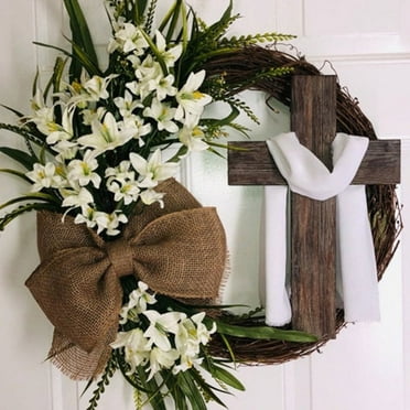 13.8" Easter Handmade Garland With Cross, Natural Burlap Bow Rustic Grapevine Garland Easter Front Door Garland Decoration