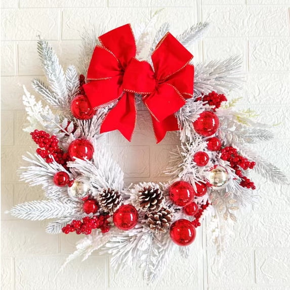 13.8 In Christmas Wreath - Cedar Wreath for Front Door, with Ball & Berries & Snowflake, Winter Wreath, Christmas Decoration for Wall Door
