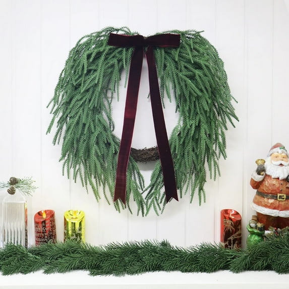 13.8 Inch Artificial Norfolk Pine & Cedar Christmas Wreath with Velvet Bow, Faux Xmas Outdoor Wreath, Artificial Green Wreath Holiday Decoration for Indoor Outdoor Home Decor