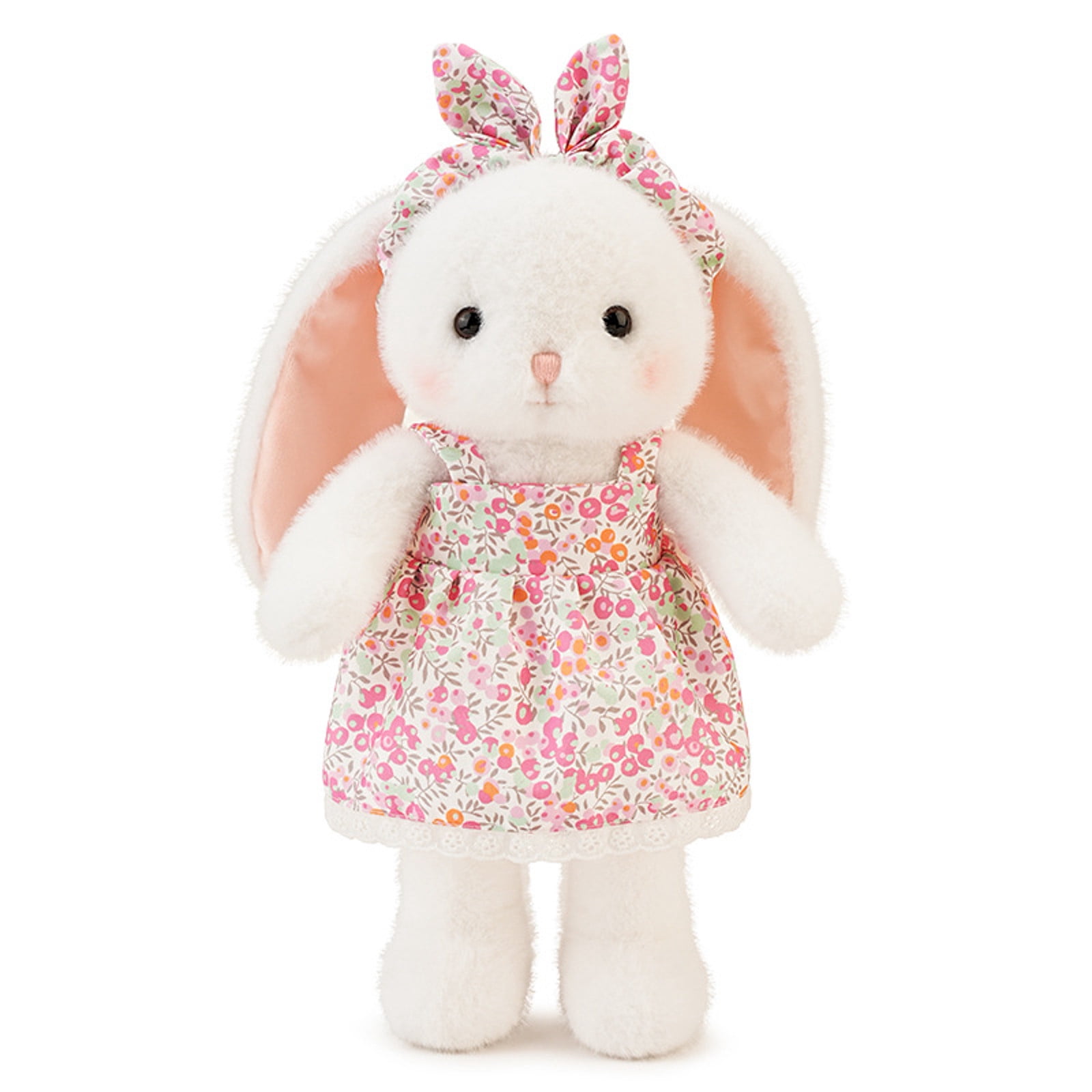 13.8 Inch Cute Floral Bunny Stuffed Animal Soft Washable Plush Toy with Headband & Bows for Easter Birthday Gift for Friends Family White