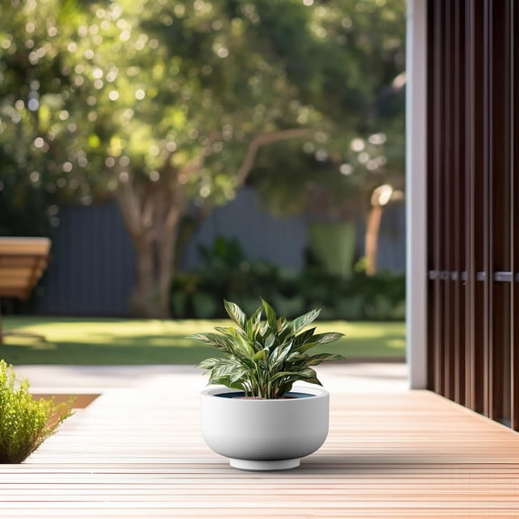 13.8 Inch Dia Concrete Bowl Planter, Large Tapered Bottom Plant Pot with Drainage, Smooth White Finish with Painted Interior, Ideal for Porch, Home, Garden,