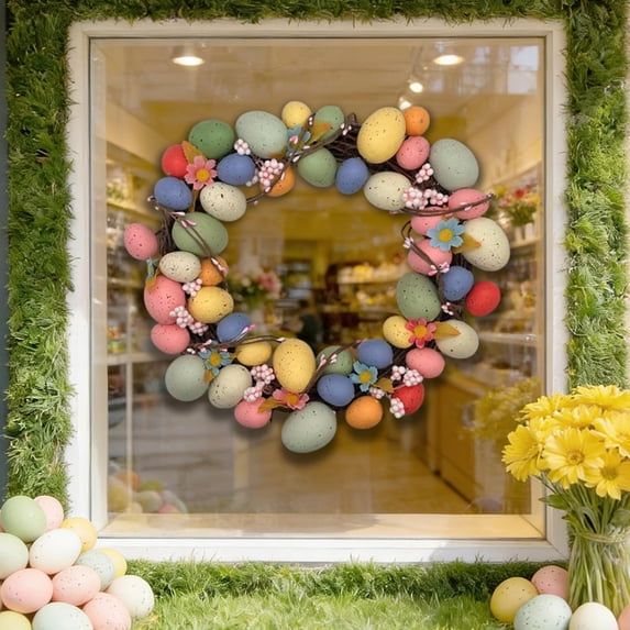 13.8 Inch Easter Wreaths for Front Door with Colorful Eggs Artificial Ring Home Decor Party Scene Decoration Door Hanging