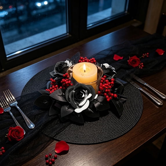 13.8 Inch Gothic Halloween Rose Candle Ring Wreath, 3 Inch Inner Diameter Black Artificial Flower Candle Holder Ring with Berries for Dark Theme Mantel Dining Table Centerpiece Witchy Fall Decor