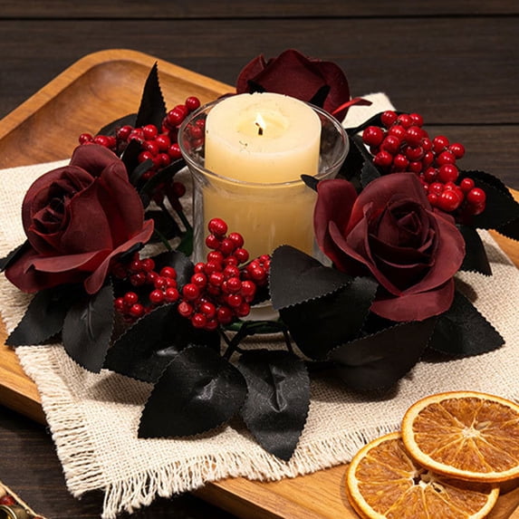 13.8 Inch Gothic Halloween Rose Candle Ring Wreath, 3 Inch Inner Diameter Black Artificial Flower Candle Holder Ring with Berries for Dark Theme Mantel Dining Table Centerpiece Witchy Fall Decor