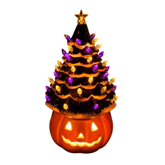 13.8 Inch Halloween Black Ceramic Tree with Pumpkin Base, Battery Operated LED Light Up Resin Tabletop Ornament, Purple Orange Bulb Decor for Mantel Shelf Party Decor,A