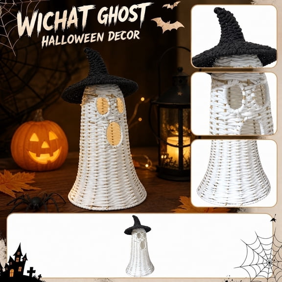 13.8 Inch Hand Woven Rattan Ghost Witch Hat Decor, White Wicker Ghost Statue with Black Witch Hat Halloween Farmhouse Tabletop Ornament