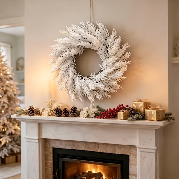 13.8 Inch Spring Boho White Cypress Wreath Outdoor Neutral Winter Wreaths-Handmade Faux Farmhouse Cedar Wreath for Front Door,All Year-Round Ins Home Dcor