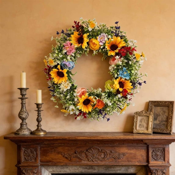 13.8-Inch Sunflower Wreath, Handmade Silk and Plastic, for Front Door, Living Room, Spring