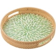 thumbnail image 1 of 13.8 in Round Rattan Serving Tray with Handle, Mother of Pearl Inlay Wooden Base, Decorative Wicker for Table, Kitchen Island & Home Decor (Green Leaf), 1 of 9