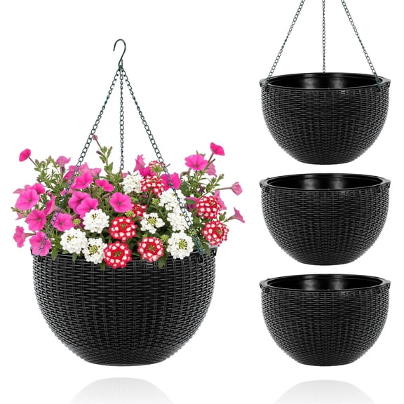 13.8" Self-Watering Hanging Planters, 4-Pack Round Resin Baskets for Indoor & Outdoor Plants, Rattan-Style Flower Pots with Drainage Plug, Deep Inner Container & Metal Triple-Chain Hangers