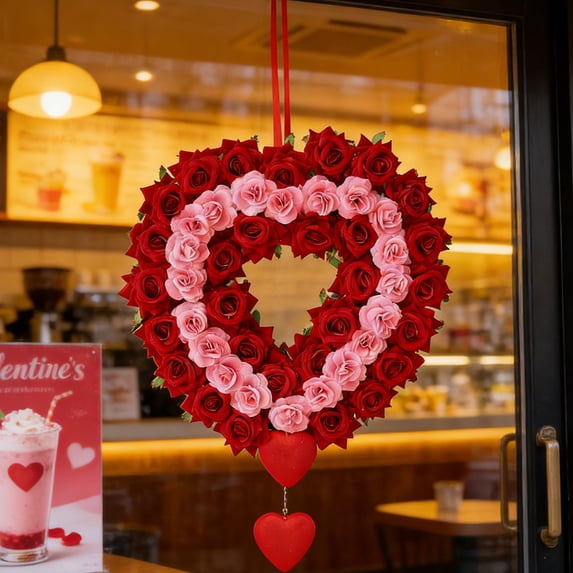 13.8" Valentine's Day Wreath, Heart Shaped Artifiacl Pink & Red Rose Wreath, Wreaths for Front Door, Valentines Day Holiday and Wedding Decor