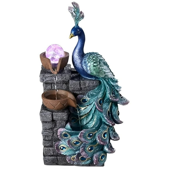 13.8-inch Peacock-Shaped Indoor Tabletop Fountain with LED Lights, Multi-Layer Waterfall & Crystal Ball Includes 10 Free Natural Crystals Silent Zen Decor for Home, Office & Meditation