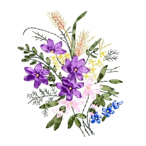 13.8 x 11.8 in. Ribbon Flower DIY Wall Decor Stamp Ribbon Embroidery Kit, Purple
