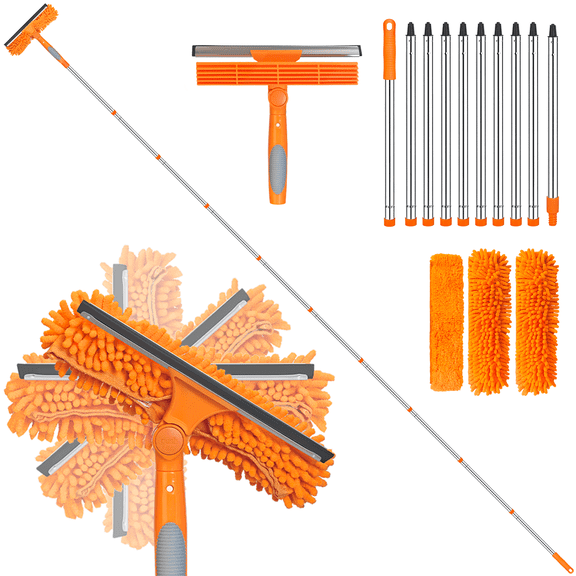 13.8ft Extra Long Chenille Glass Cleaner with 10 Stainless Steel Rods & Squeegee, 2 in 1 Cleaning Squeegee Kit for Window,Car,Shower Glass Door,Mirror,Indoor & Outdoor