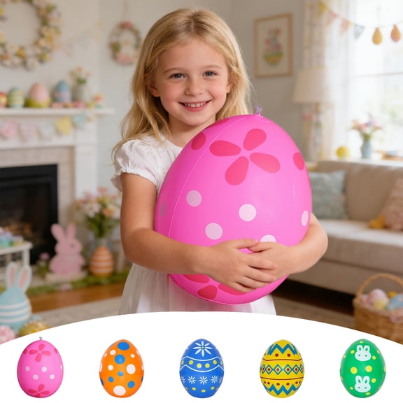 13.8in Easter Inflatable Egg PVC Decoration – Multicolor Giant Blow Up Egg with Bunny & Floral Prints for Outdoor Indoor Yard Party Holiday Spring Decor