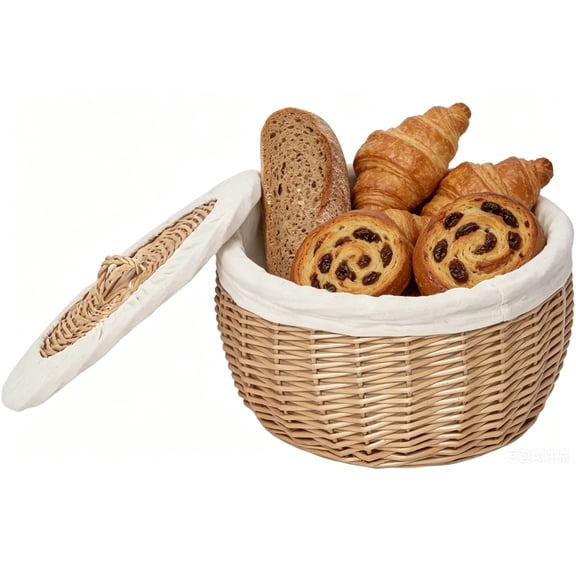 13.8in Large Wicker Bread Basket with Removable Linen Liner & Cover Tutuviw Handmade Rattan Bread Serving & Storage Basket, Keeps Bread Warm & Fresh, Fruit Storage Container