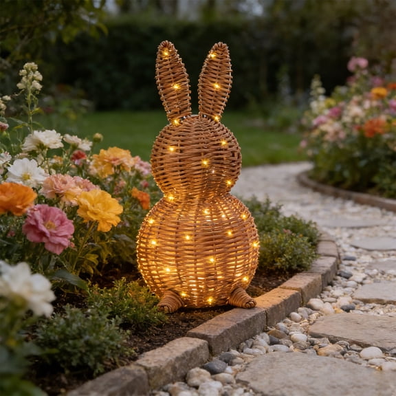 13.8in Wicker Easter Bunny Light Up, Rattan Bunny Outdoor Woven Wicker, Rabbit Topiary Easter Porch Decor, Spring Decoration for Home Farmhouse Table Kitchen