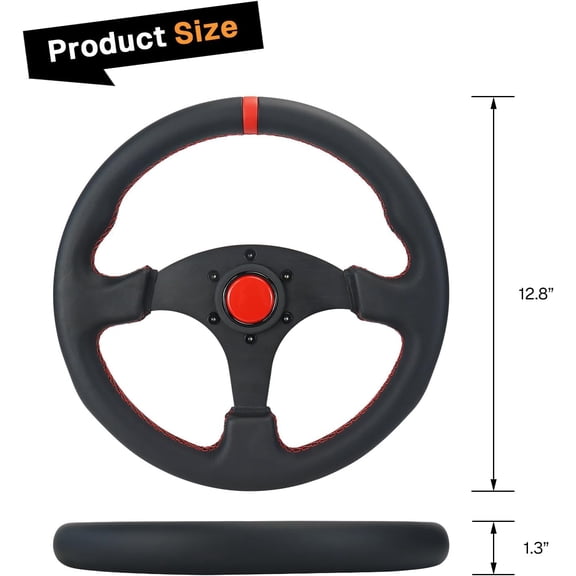13.8inch Universal Racing Steering Wheel with Red Line, Black PU Leather Grip, Aluminum Core, Horn Button for Cars Trucks ATVs