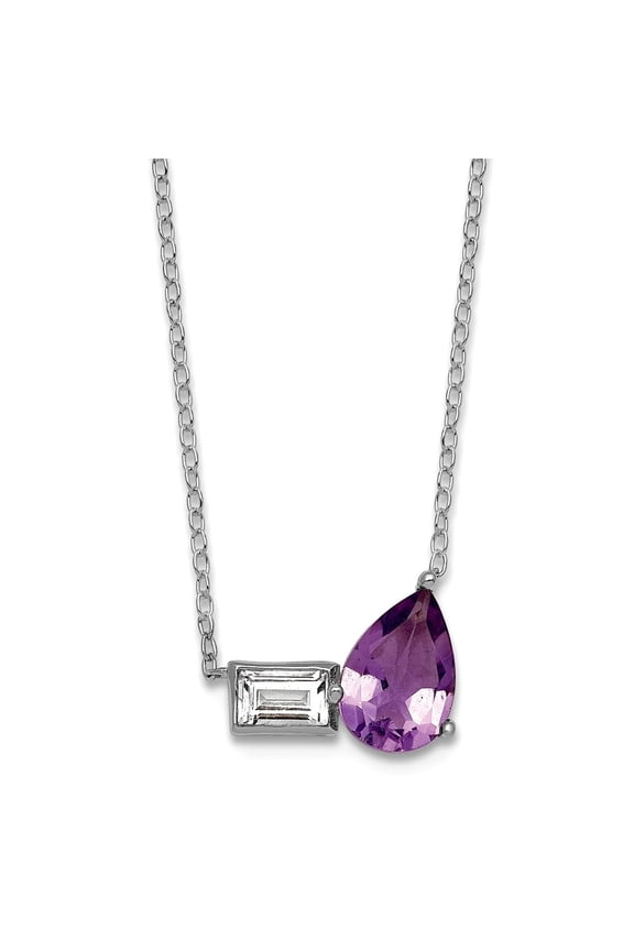 13.8mm Ss Rhodium Plated Amethyst and White Topaz Pear Rectangle With 2in Extension Necklace 16 Inch Pendant Necklace fo