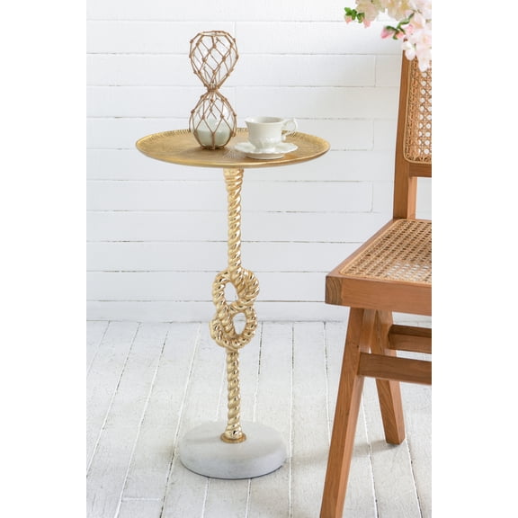 13.8x13.8x24" Gold Side Table With Rope Knot Design And White Marble Base