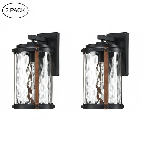 13.9 in. H 1-Light Matte Black Hardwired Outdoor Wall Lantern Sconce with and Barnwood accents(2 Pack)