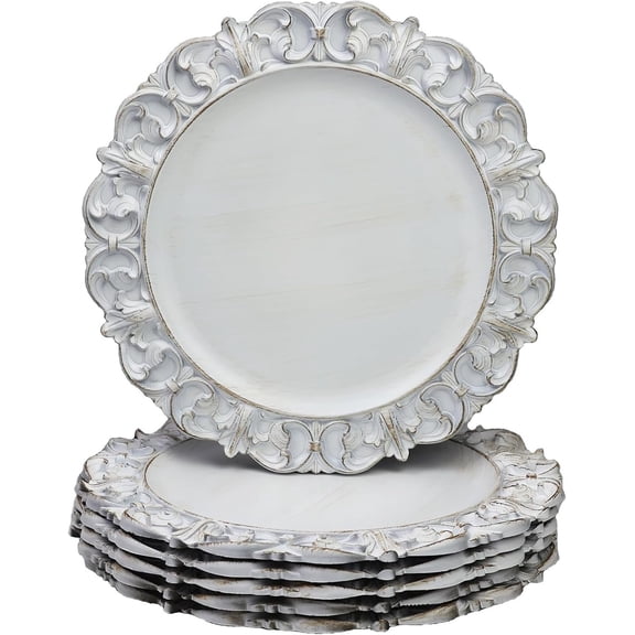 13" Antique White Charger Plates, Set of 6 Plastic Textured Chargers for Dinner Plates with Embossed Rim, Table Decor, Party, Wedding, Holiday