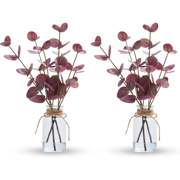 13" Artificial Eucalyptus Stems in Vase (2-Pack), Faux Eucalyptus with Double-Sided Magenta Leaves, Realistic Fake Greenery with Hemp Rope & Faux Water for Shelf, Desk, Farmhouse & Bathroom Decor